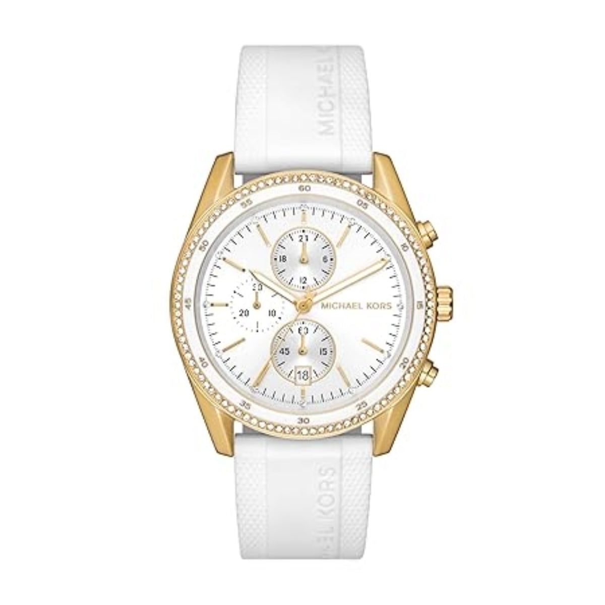 White watch with gold accents on a white background