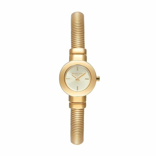 Gold watch with a white face on a white background