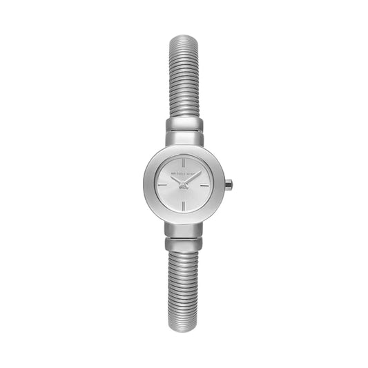 Silver watch with a unique design on a white background