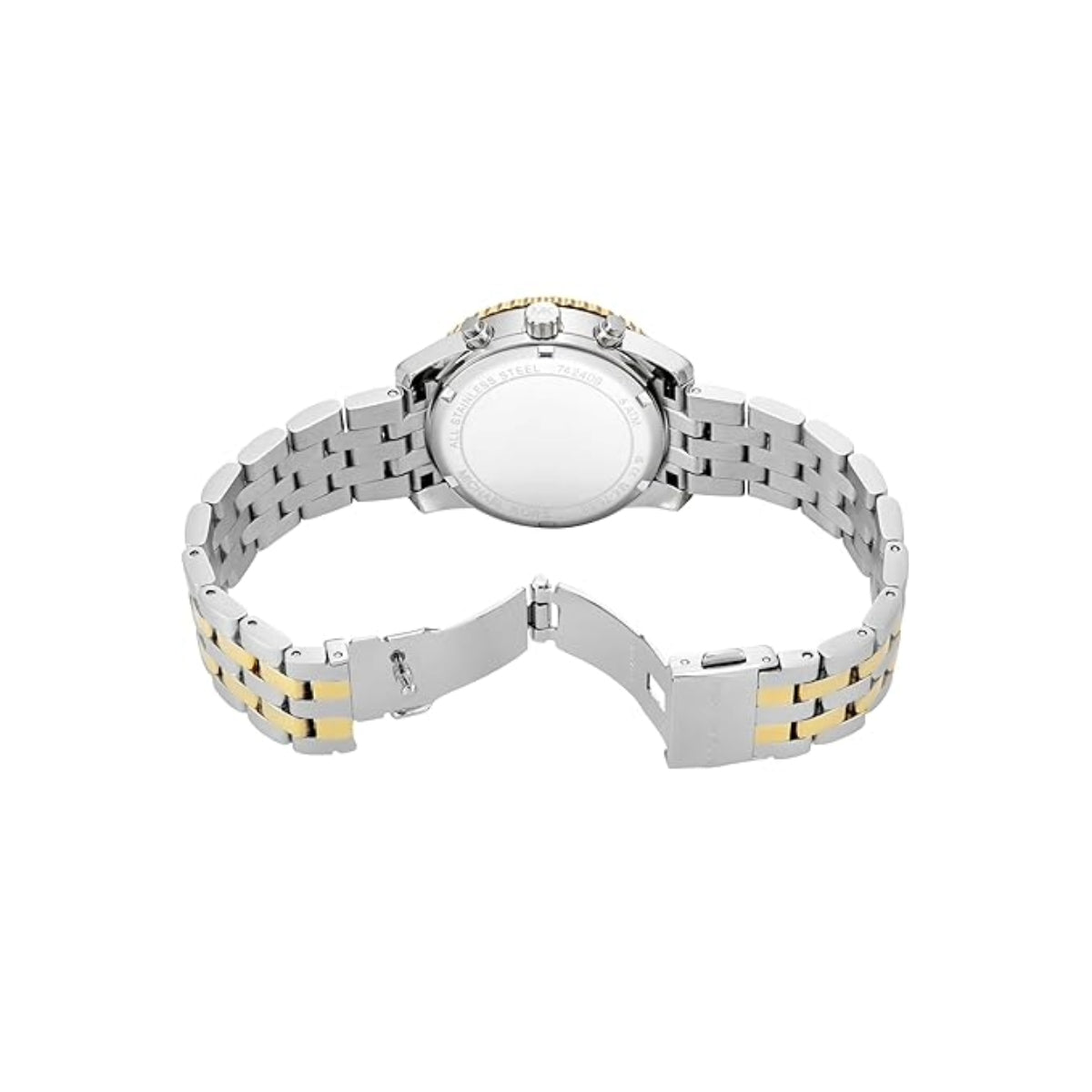 Two-tone watch with silver and gold band on a white background