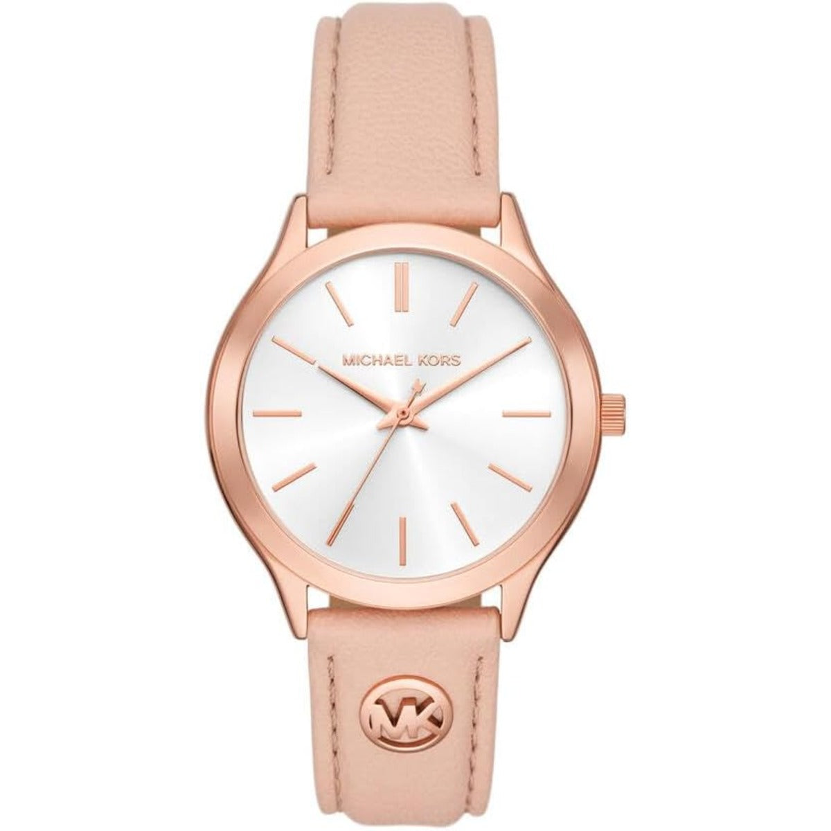Pink watch with rose gold accents on a white background