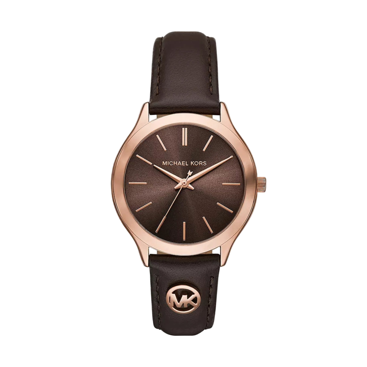 Michael Kors watch with brown leather strap and rose gold case on white background