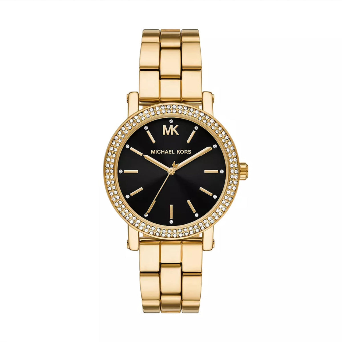 Gold watch with black dial on a white background