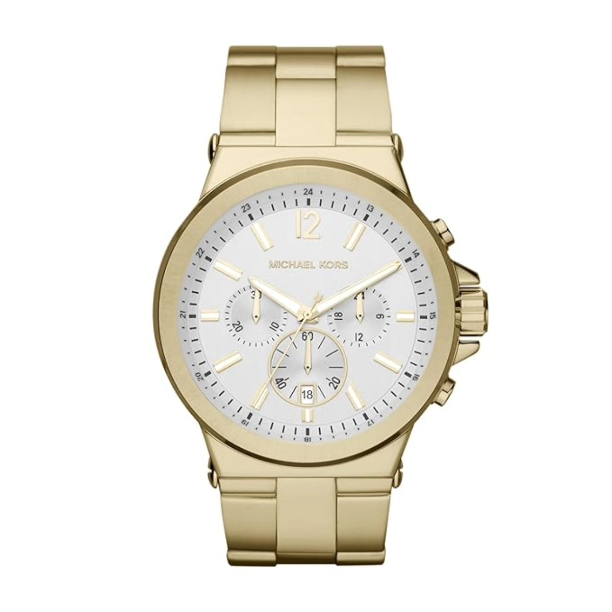 Gold watch with a white face on a white background
