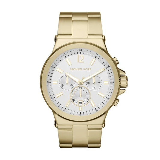 Gold watch with a white face on a white background