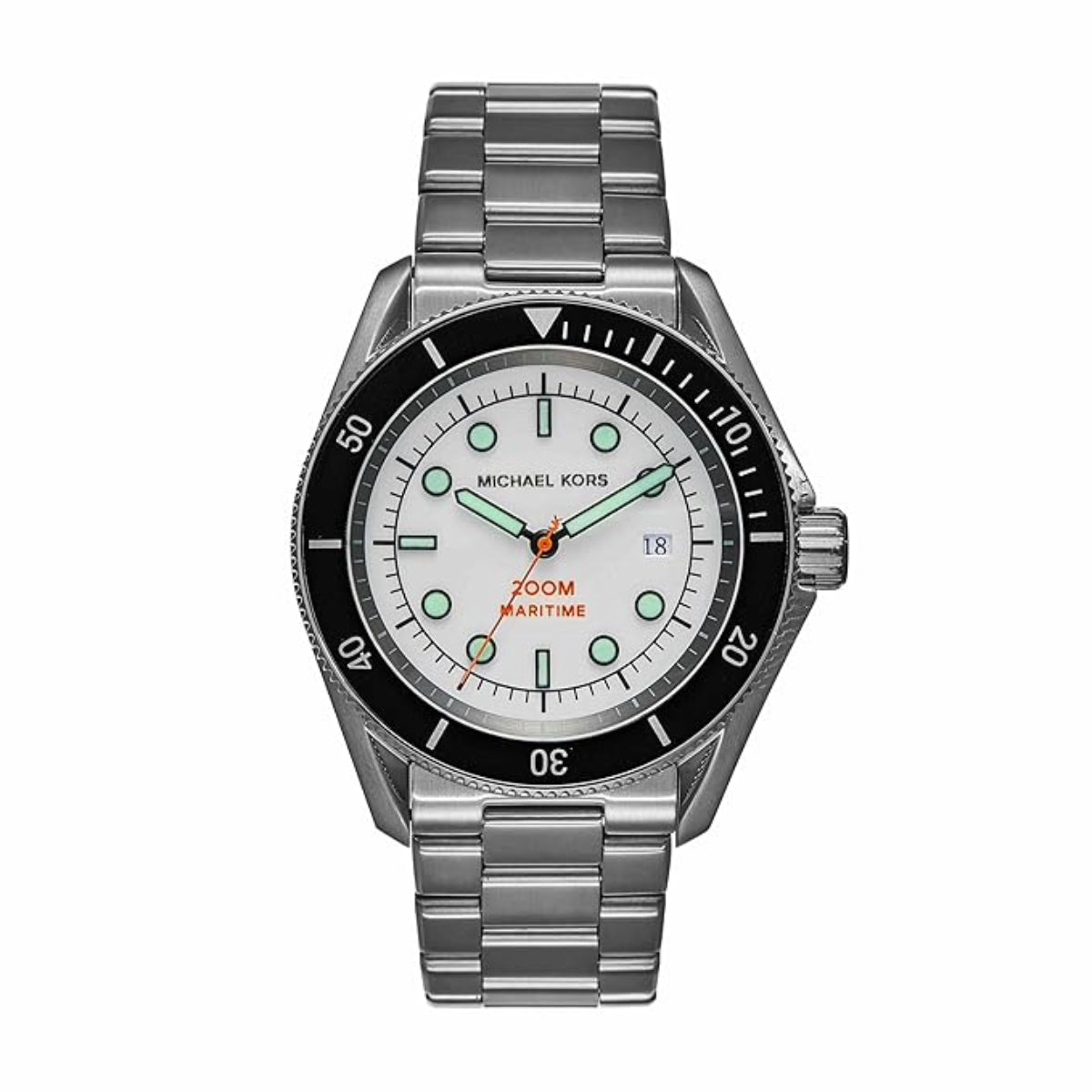 Silver watch with a white face on a white background