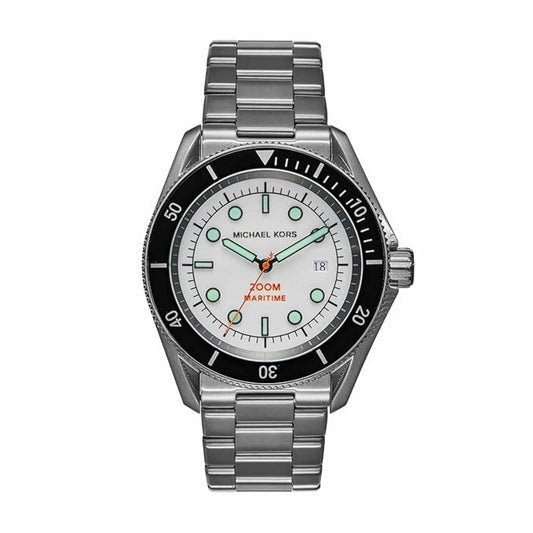 Silver watch with a white face on a white background