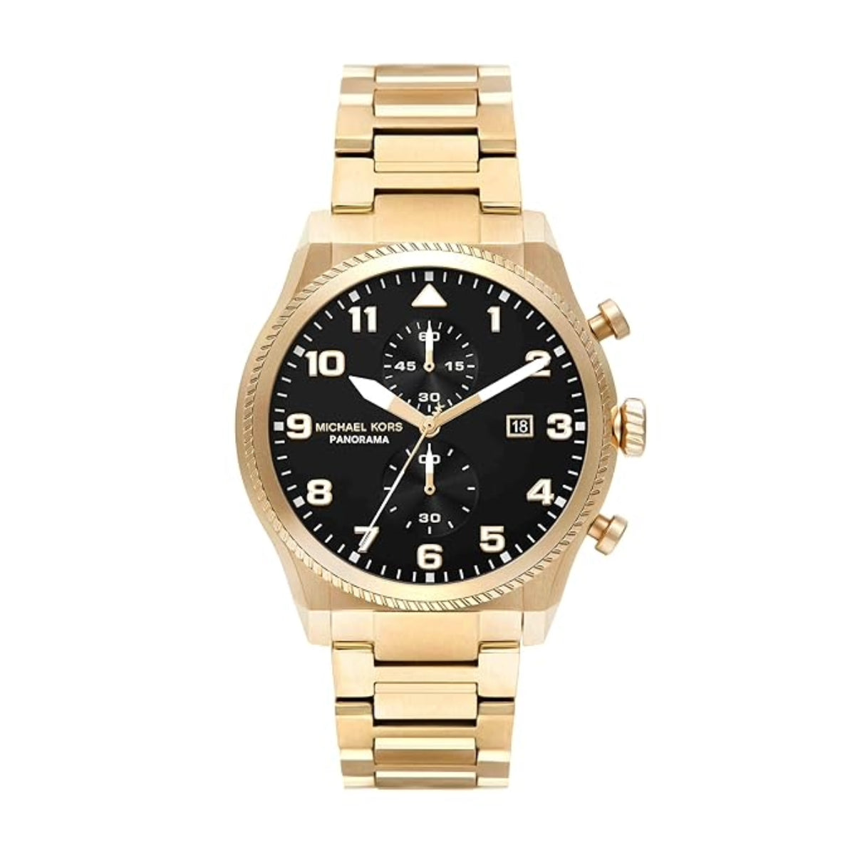 Gold watch with black dial on a white background