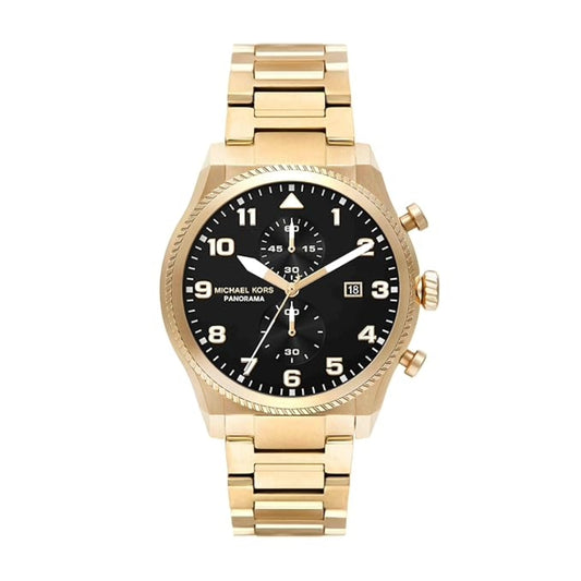Gold watch with black dial on a white background