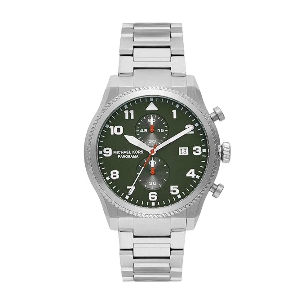 Silver watch with a green dial on a white background