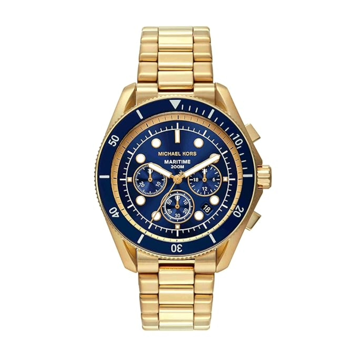Gold watch with blue face on a white background
