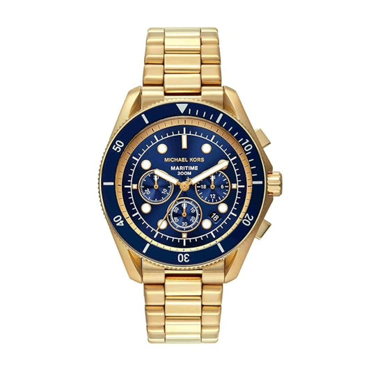 Gold watch with blue face on a white background