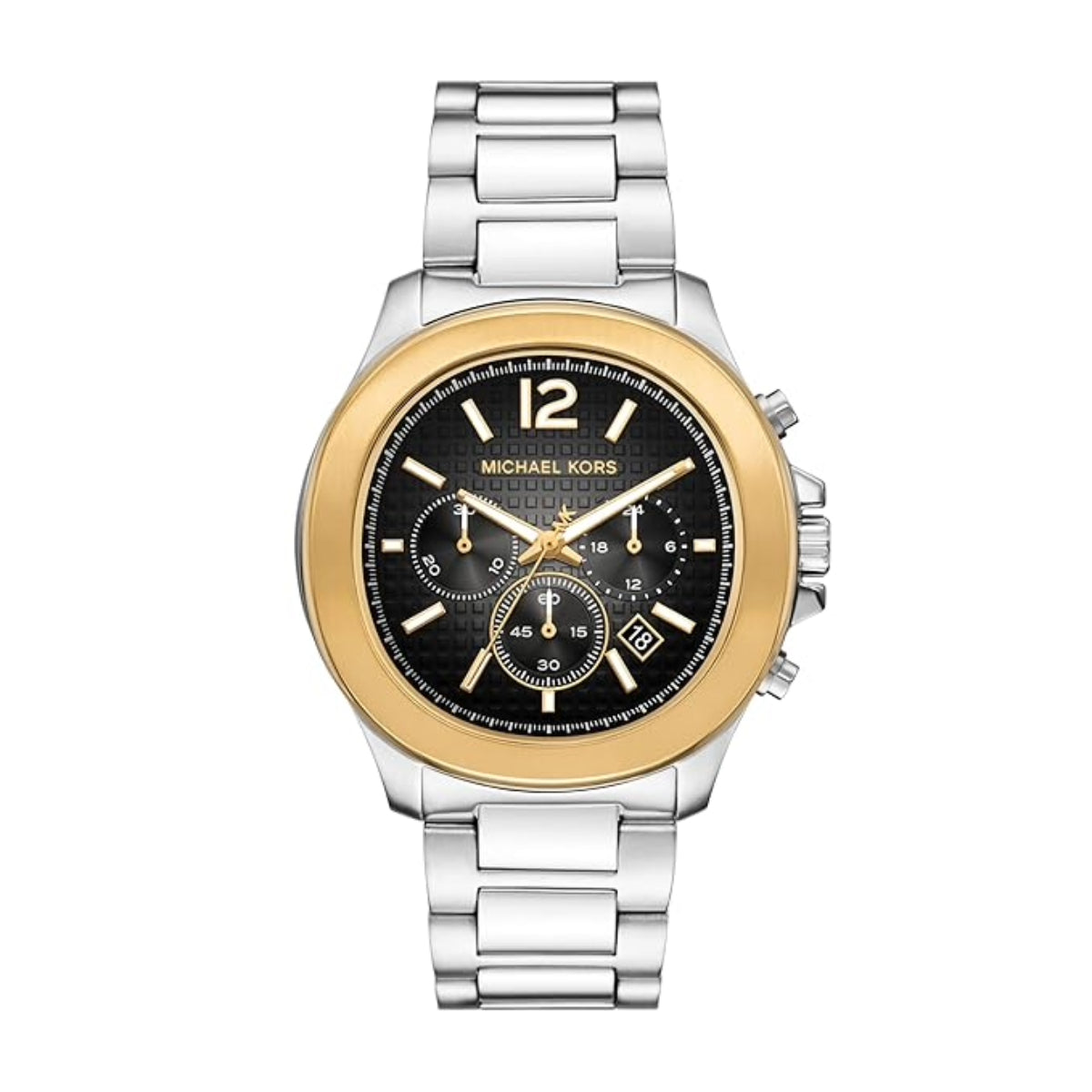 Michael Kors watch with gold and silver design on a white background