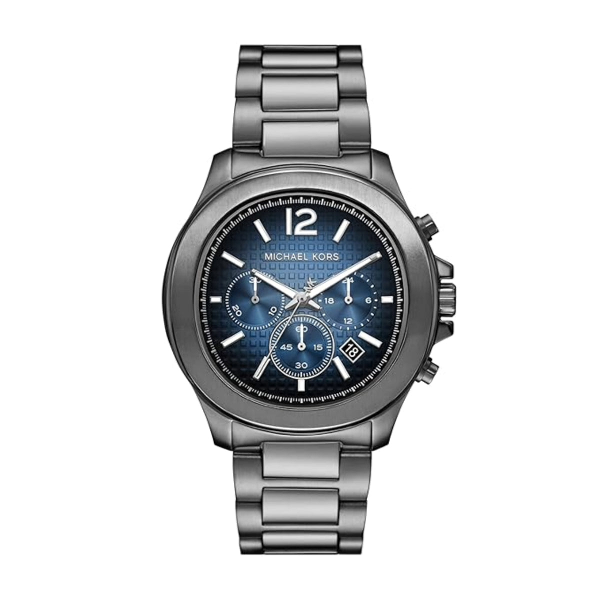 Silver Michael Kors watch with a blue face on a white background