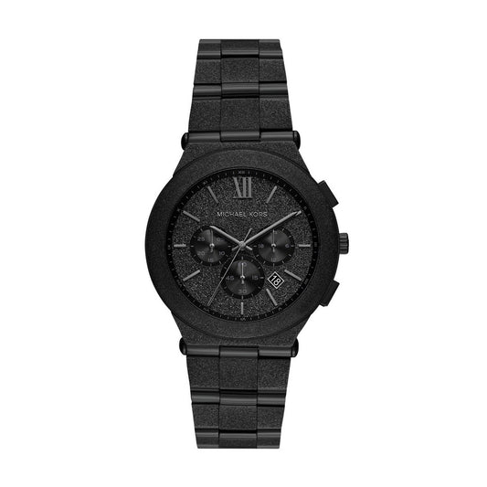 Black watch with a metallic band on a white background