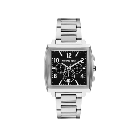 Silver watch with black face on a white background