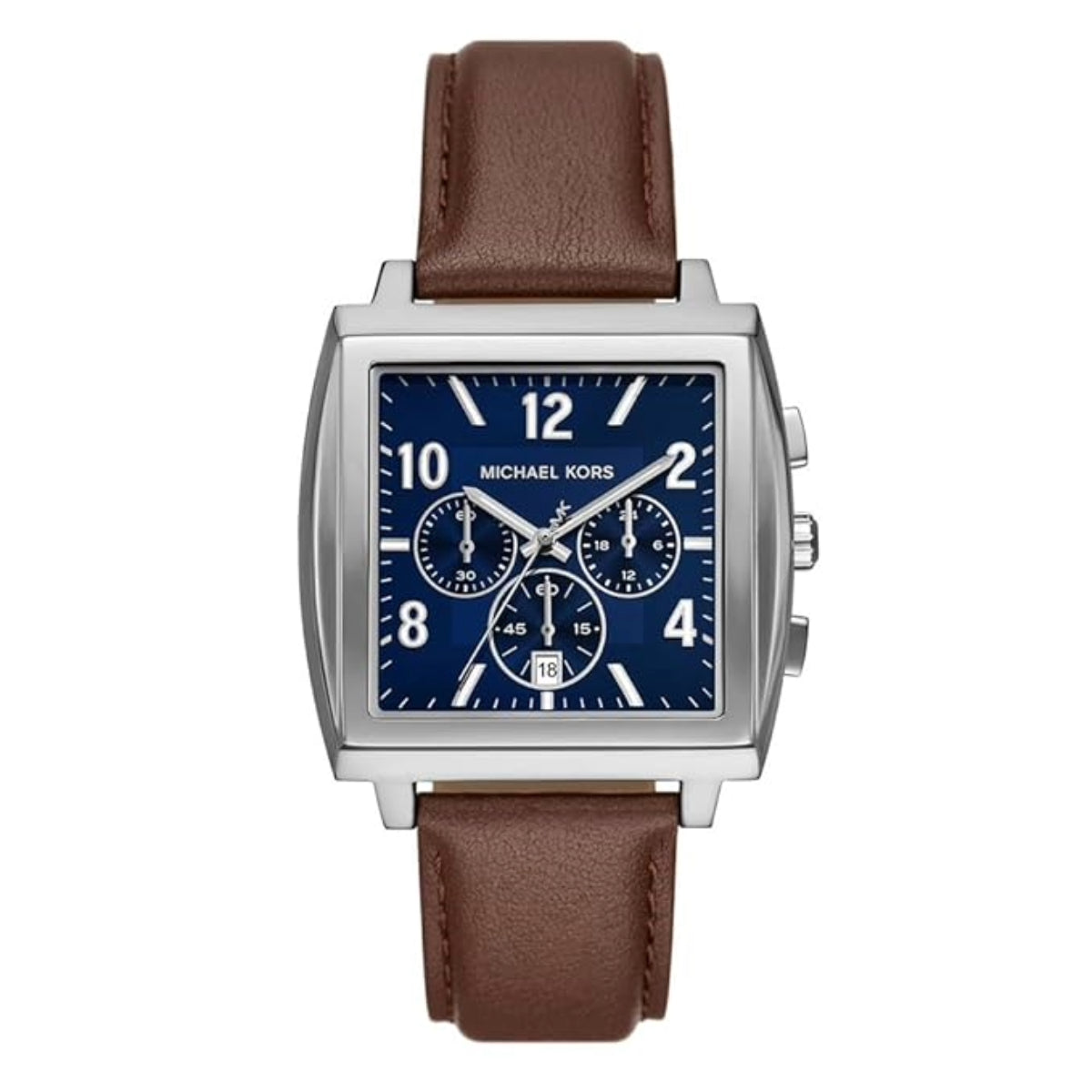 Michael Kors watch with brown leather strap and blue face on a white background