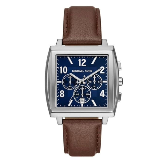 Michael Kors watch with brown leather strap and blue face on a white background