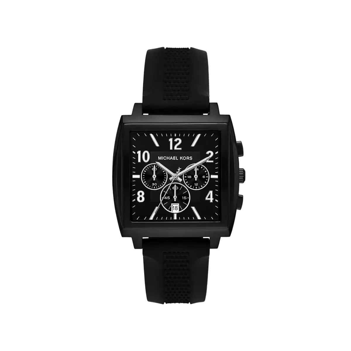 Black Michael Kors watch with a detailed face on a white background