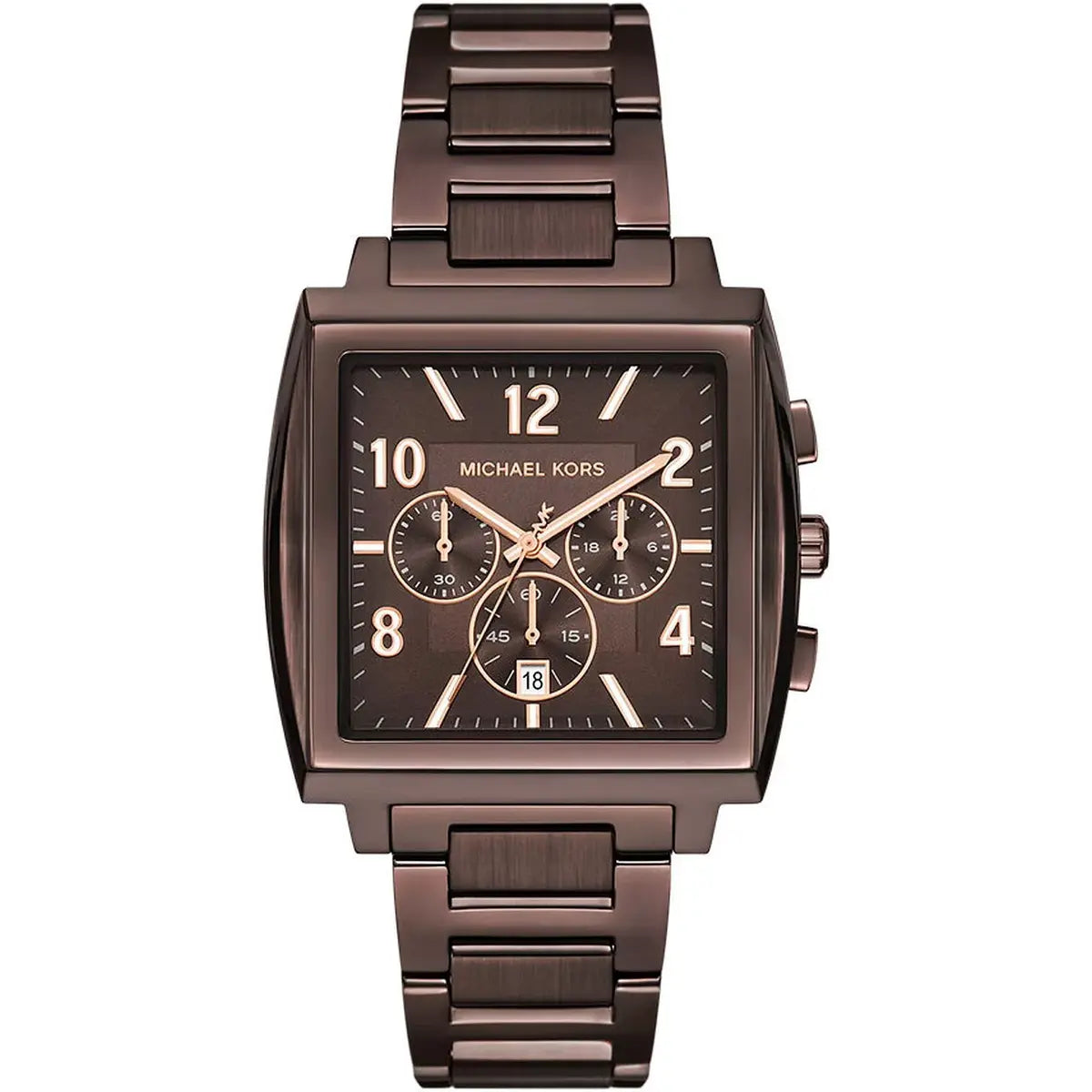 Brown Michael Kors watch with a metal band on a white background