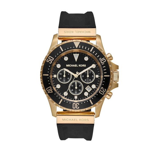 Michael Kors watch with black and gold design on a white background
