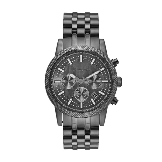 Gray wristwatch with detailed face on a white background