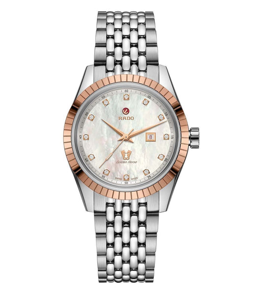 A Rado HyperChrome Classic Automatic Diamonds watch for women, featuring a silver and rose gold color scheme with a diamond encrusted dial.
