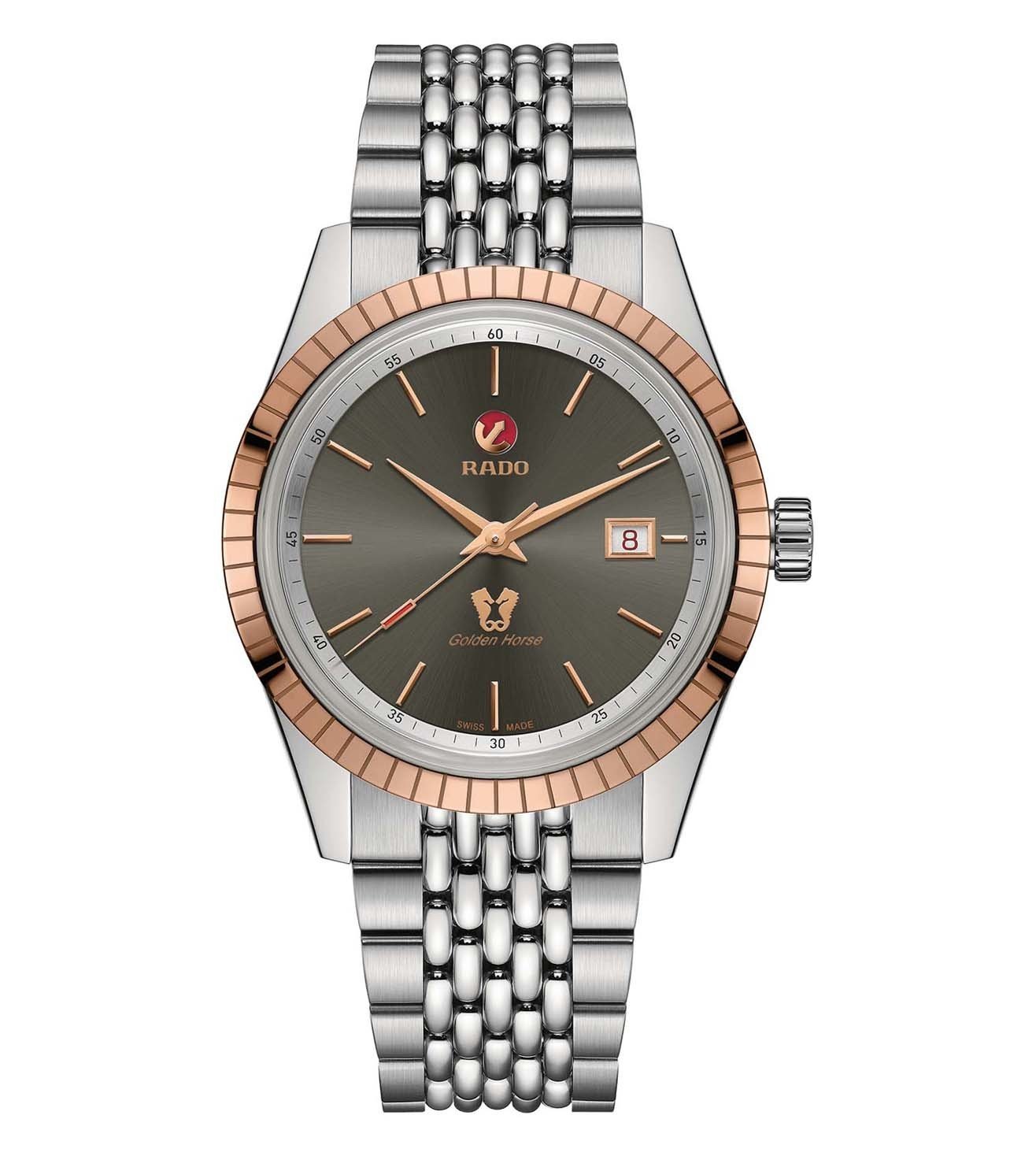A Rado HyperChrome Classic Automatic watch with a silver and rose gold bracelet, a grey dial, and rose gold markers.