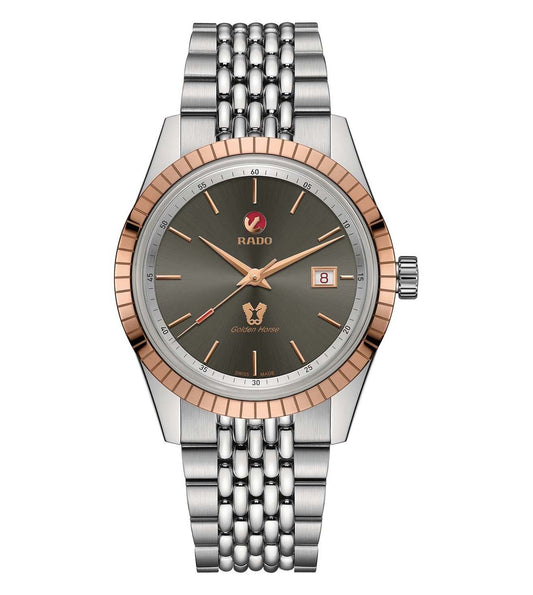 A Rado HyperChrome Classic Automatic watch with a silver and rose gold bracelet, a grey dial, and rose gold markers.