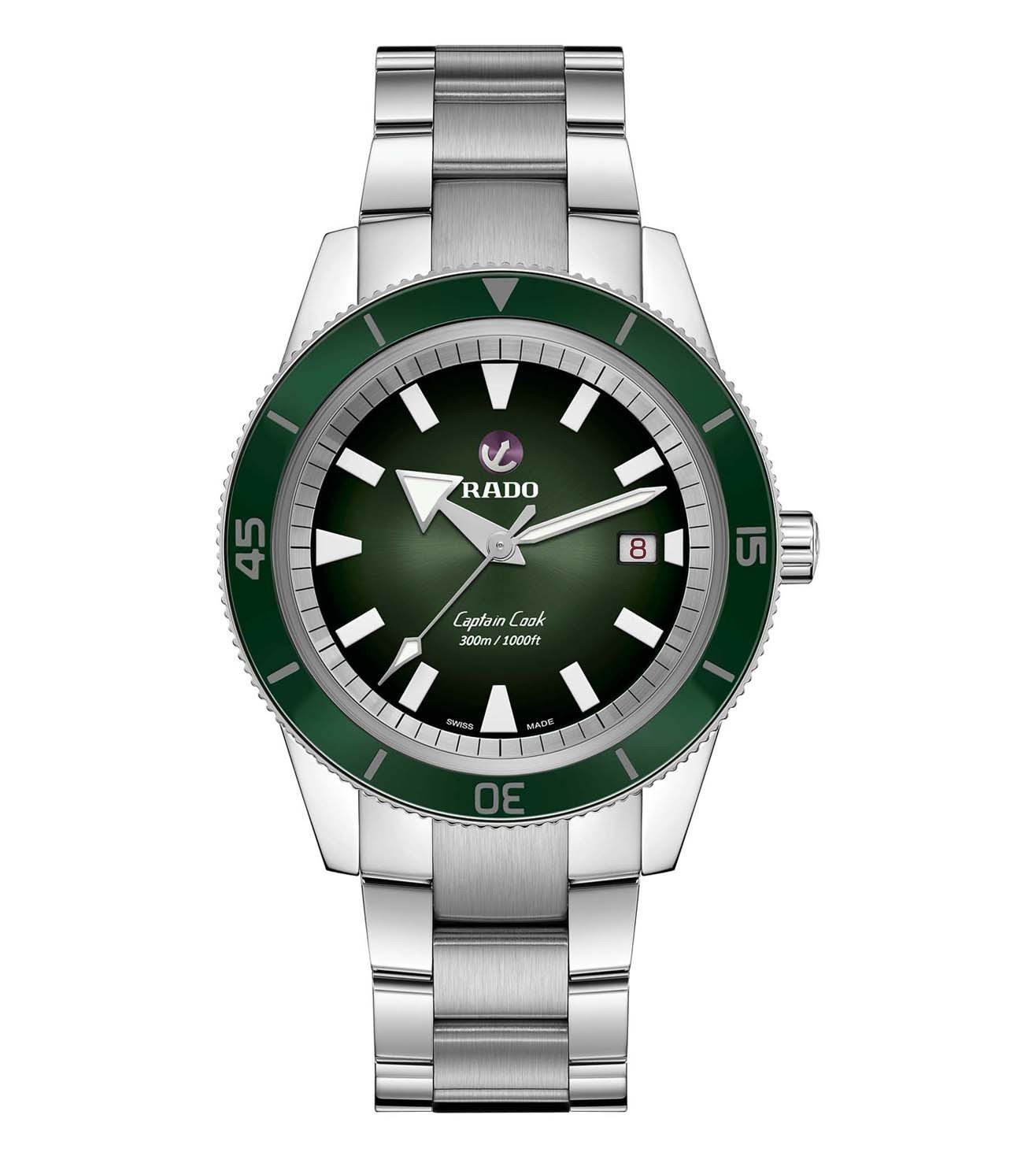 A RADO Captain Cook Automatic watch with a green dial, silver metallic bracelet, and Hrithik Roshan branding.