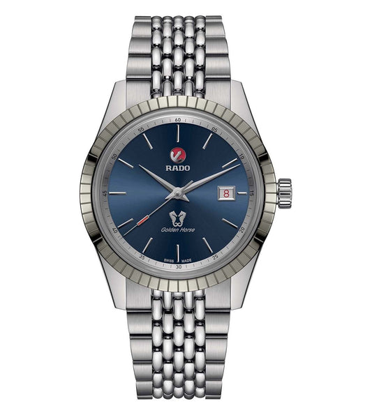 A Rado HyperChrome Classic Automatic watch with a blue dial and a silver metallic band.