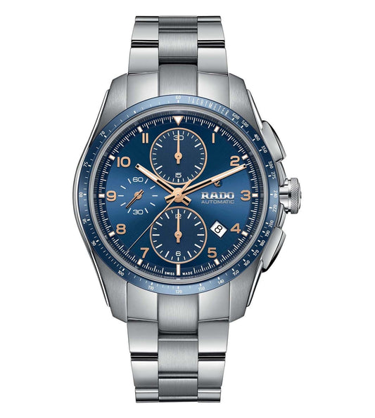 A RADO HyperChrome Automatic Chronograph Watch for Men with a blue dial, silver metallic bracelet, and casing.