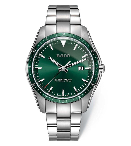 A silver RADO HyperChrome watch with a green dial and stainless steel bracelet.