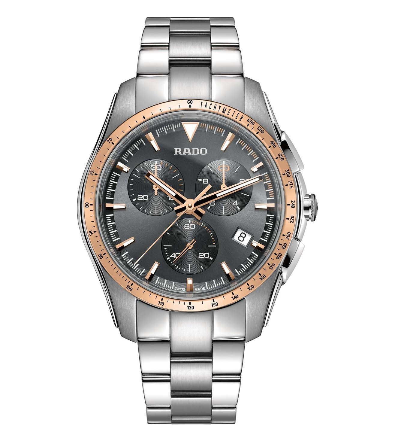 A RADO HyperChrome Chronograph watch with a silver bracelet and rose gold case, featuring a gray dial with multiple subdials and a date display.