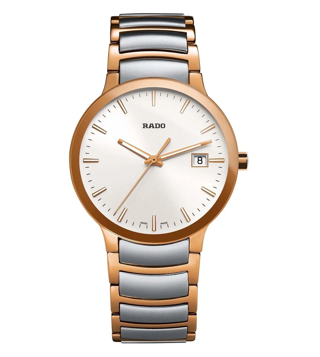 A RADO Centrix unisex watch with a silver and rose gold bracelet and a rose gold case, featuring a white dial with markers and a date display.