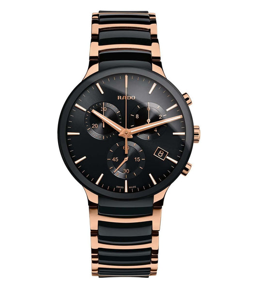A Rado Centrix Chronograph watch for men with a black dial, rose gold markers, and a two-tone black and rose gold strap.
