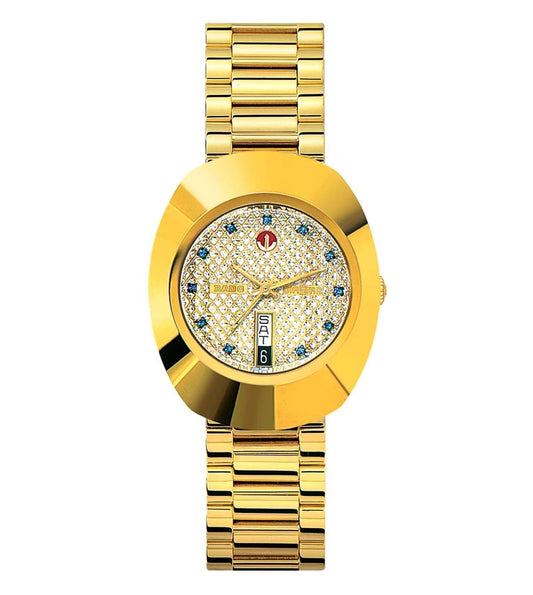 A gold-colored RADO DiaStar Original automatic watch with a patterned dial and a bracelet.