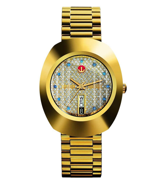 A gold-colored RADO DiaStar Original automatic watch for men with a textured dial and a bracelet.