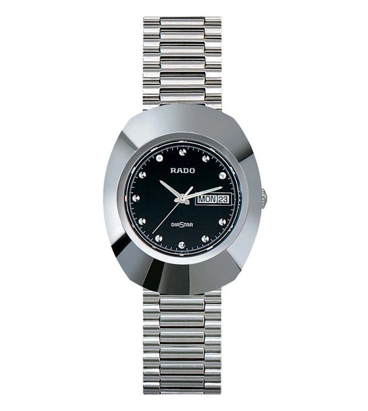 A silver Rado DiaStar Original analog watch with a black dial and a stainless steel bracelet.
