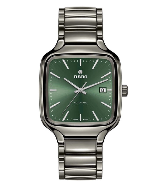 A Rado True Square Automatic Unisex Watch with a green dial and a silver metallic band.