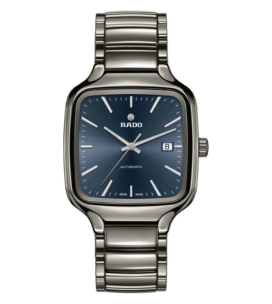 A Rado True Square Automatic unisex watch with a square blue dial and a silver stainless steel bracelet.