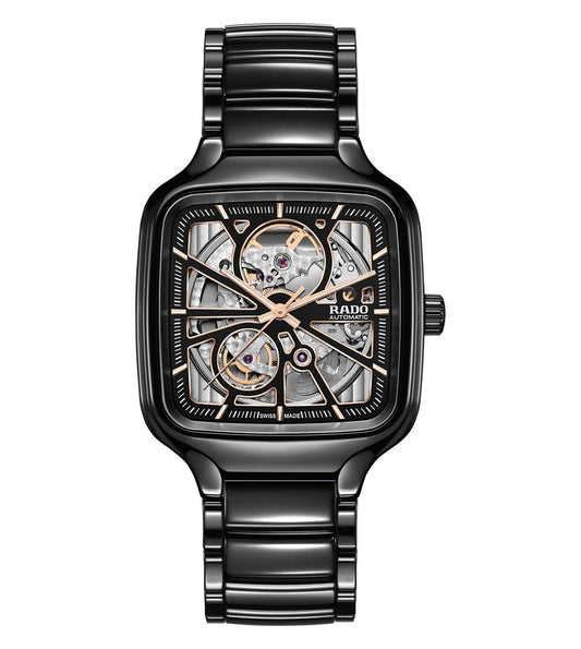 A black Rado True Square Automatic Open Heart unisex watch with a square-shaped dial and a black bracelet.