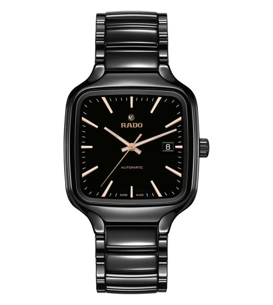 A black Rado True Square Automatic unisex watch with a square-shaped dial and a black bracelet.