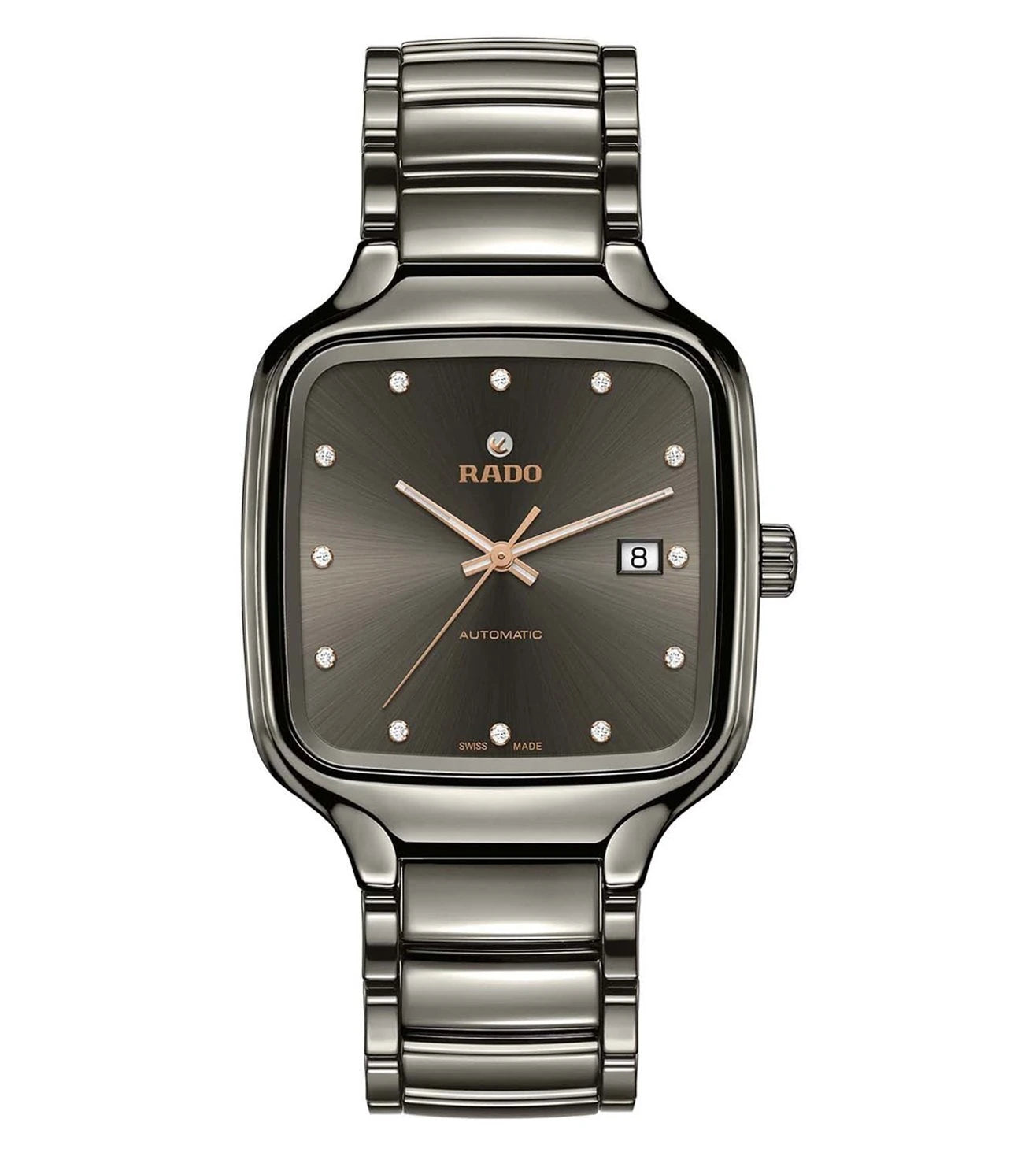 A Rado True Square Automatic Diamonds unisex watch with a square-shaped case, a dark dial, and a metallic bracelet.