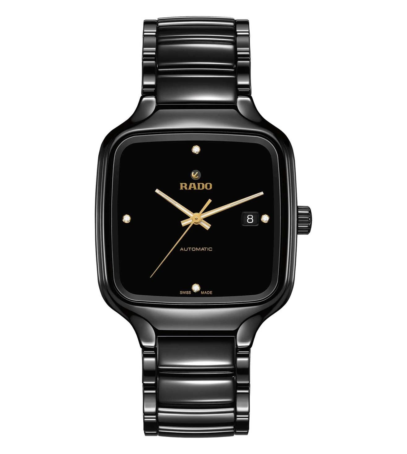 A black Rado True Square Automatic Diamonds watch with a square face, gold hands and markers, and a date display, on a matching black bracelet.