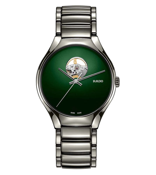 A RADO True Secret Unisex Watch with a green dial and a silver metallic bracelet.
