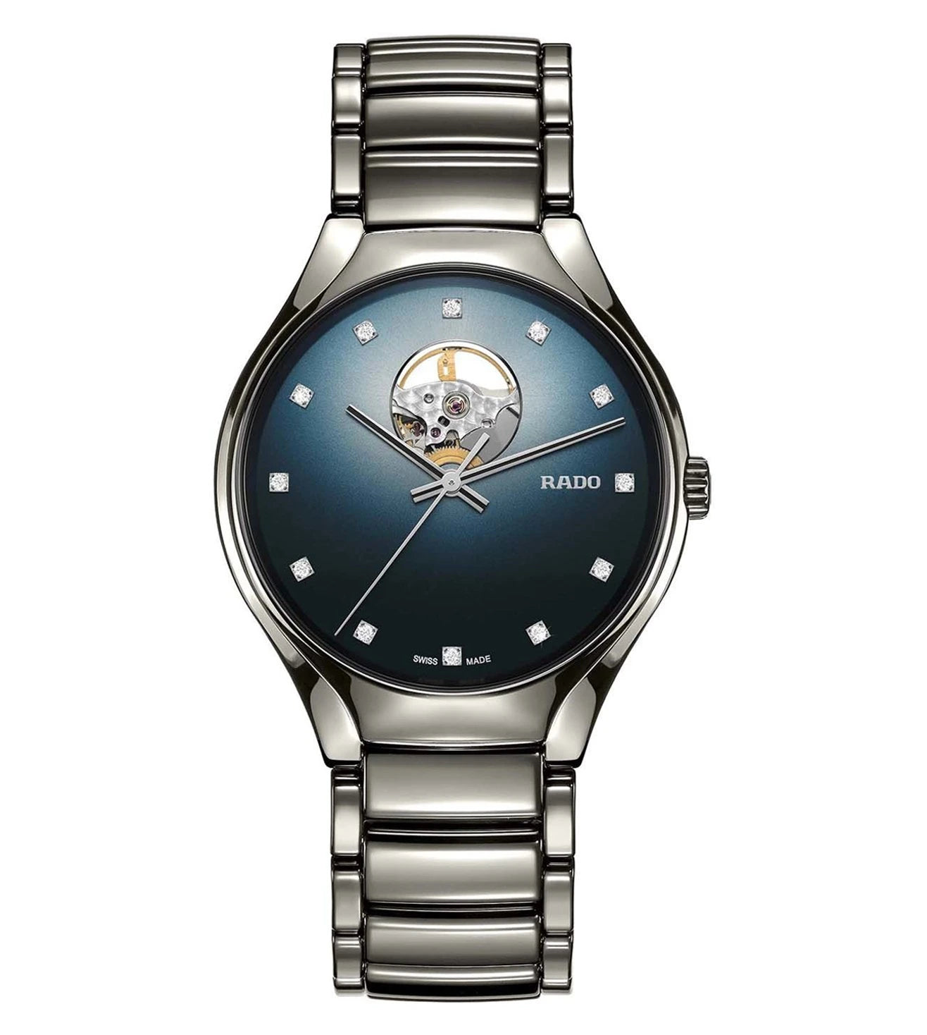 A RADO True Secret Diamonds unisex watch with a blue dial, diamond accents, and a stainless steel bracelet.