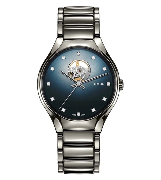 A RADO True Secret Diamonds unisex watch with a blue dial, diamond accents, and a stainless steel bracelet.