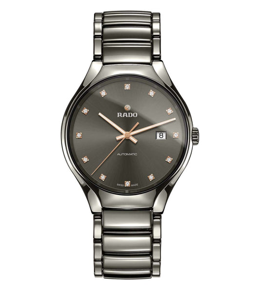 A RADO True Automatic Diamonds Unisex Watch with a black ceramic bracelet and a black dial adorned with diamond markers.