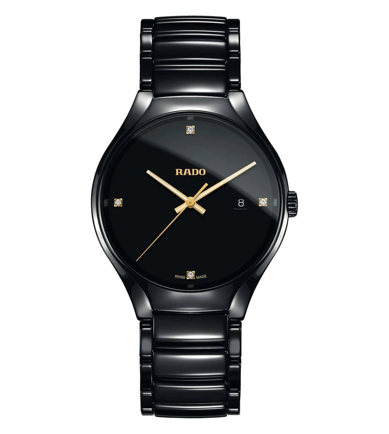 A black Rado True Diamonds watch with a black band and black dial, featuring gold hands and diamond accents.